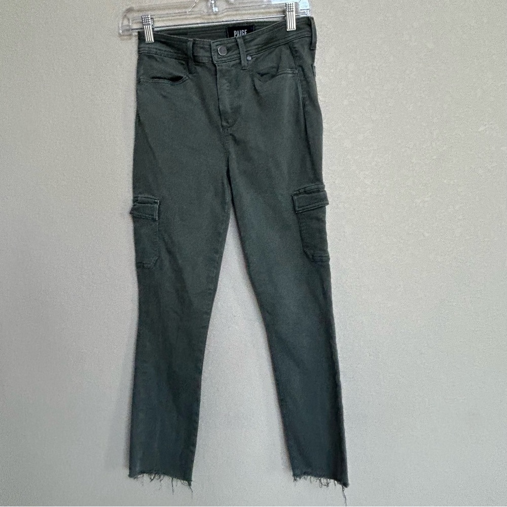 PAIGE Hoxton Ankle Skinny Cargo Raw Hem Stretch Jeans Women’s 26 Olive‎ Green